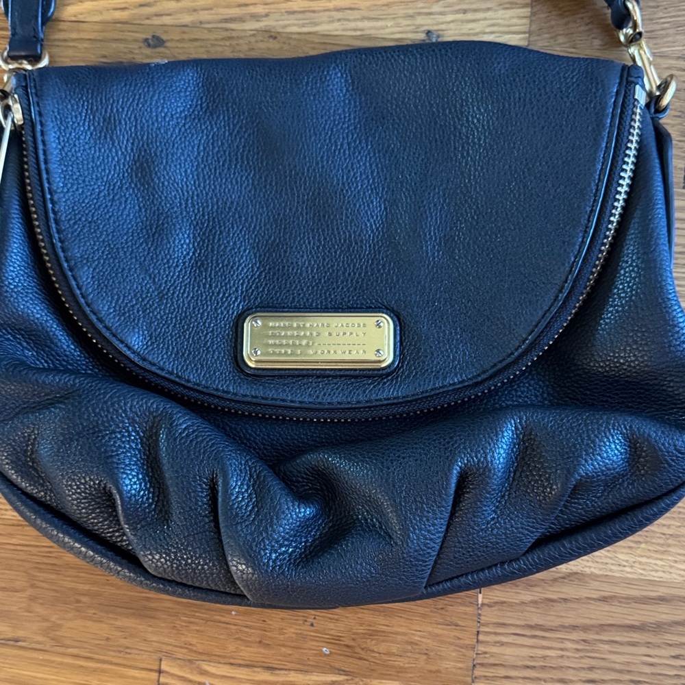Marc Jacobs Black Pebbled Leather Flap Shoulder Bag with Gold Plaque